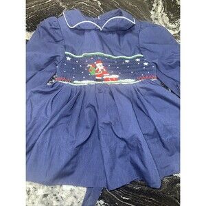 Vtg Sweet Angela Rosalina Girls 12 M Smocked Christmas Santa Dress navy blue